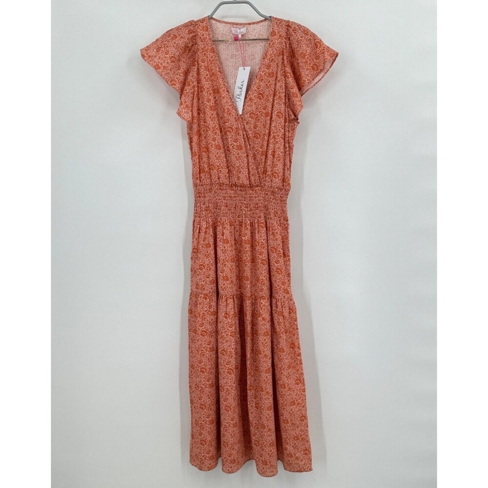 Parker Miley Midi Dress in Terracotta Rue size S Flutter Sleeve Smocked Floral